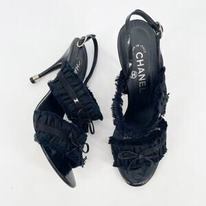 Chanel CC Black Ruffle Bow Slingback Sandal Heels 2012 Karl Lagerfeld EU 37.5
